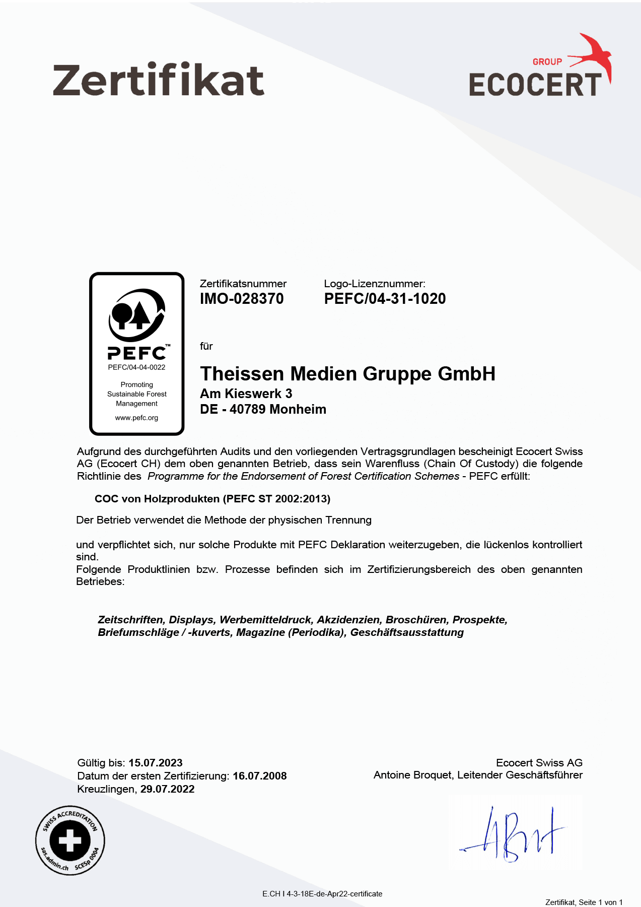 Theissen Medien Gruppe - PEFC-Zertifikat